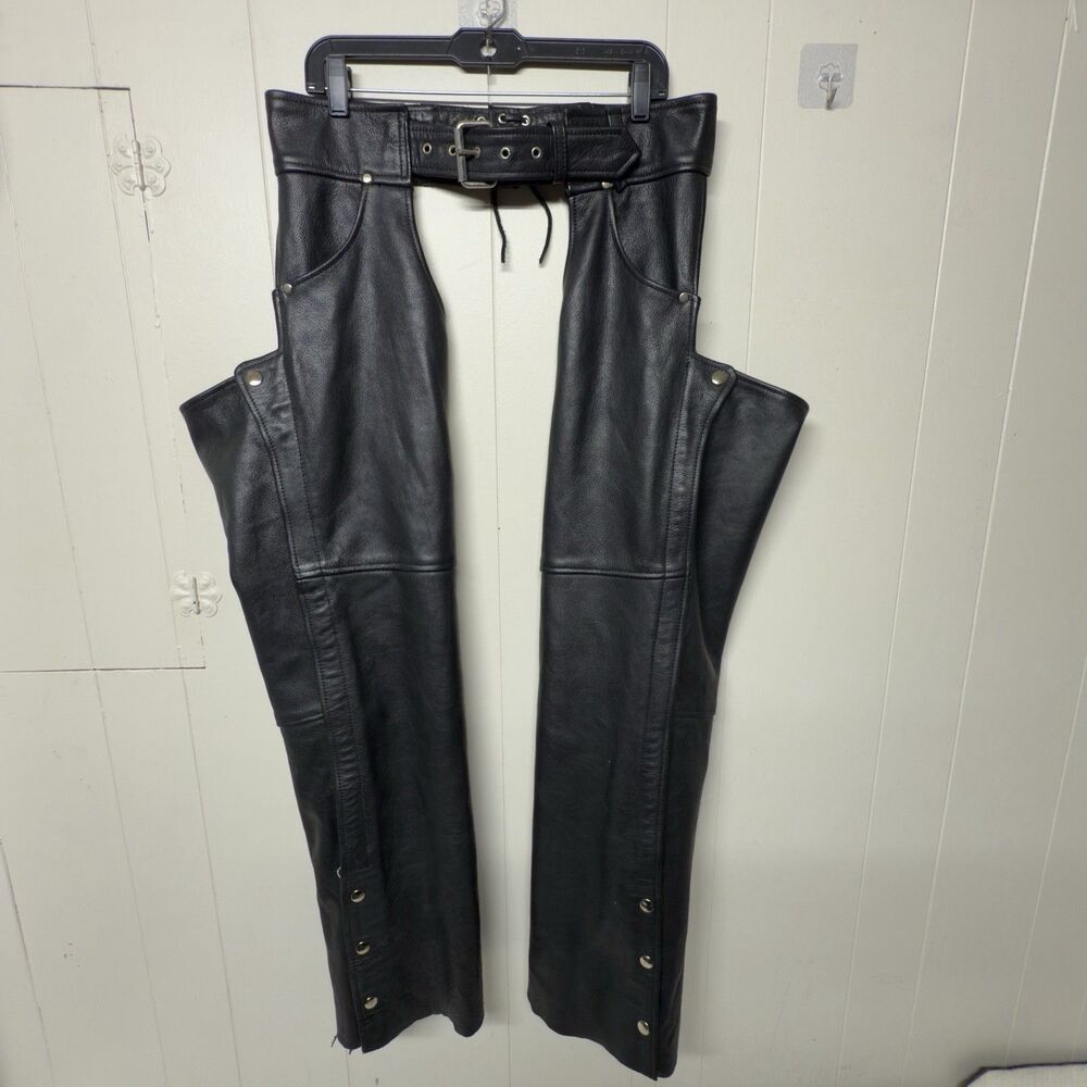 MOB Genuine Leather Black Motorcycle Riding Chaps Side Zipper Button Men L EUC